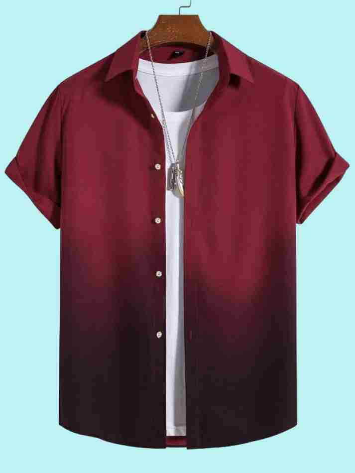 Men Regular Fit Checkered Curved Collar Casual Shirt displayed in maroon gradient with short sleeves.